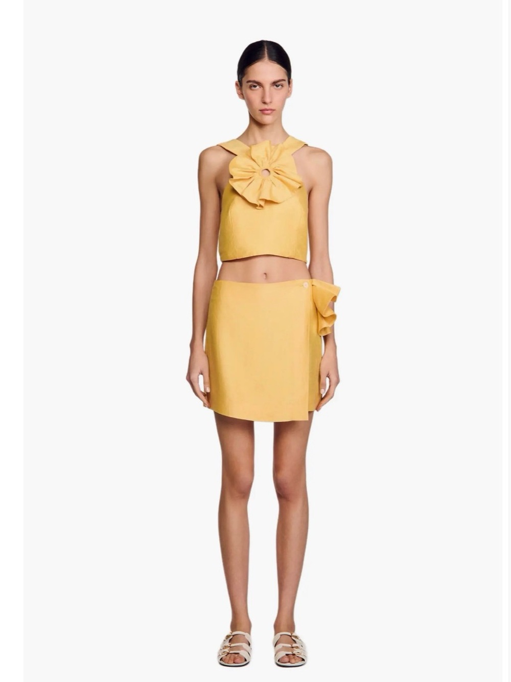 Sandro SET Yellow Top + Mini Wrap Skirt with Side Ruffle Detail